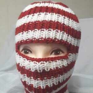 Handmade Knit Balaclava Red White Striped